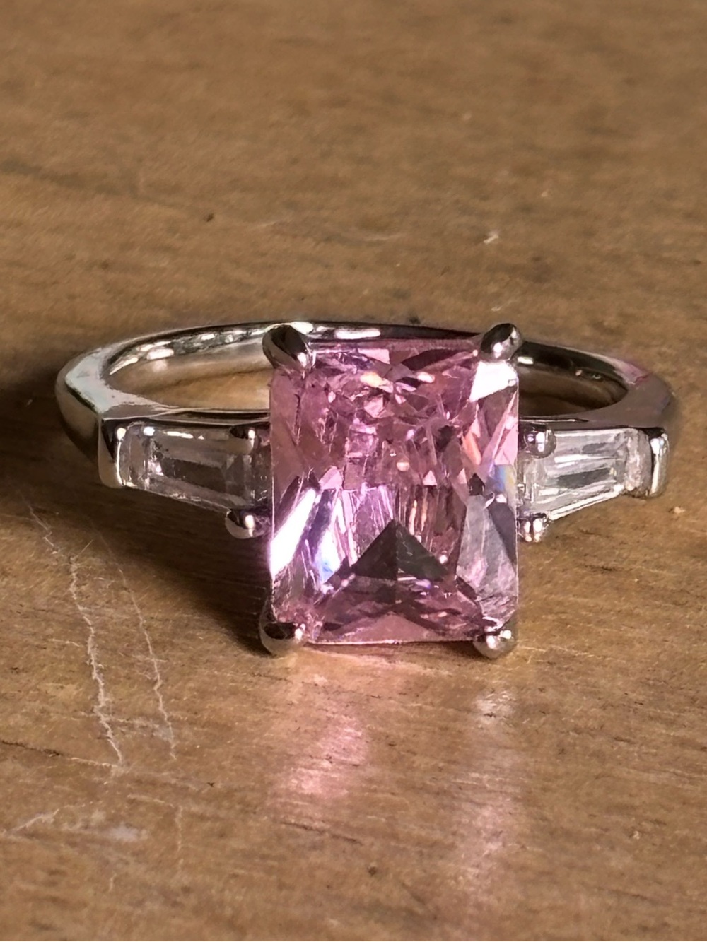 Pink Square-Cut CZ Cocktail Ring in Silver Tone